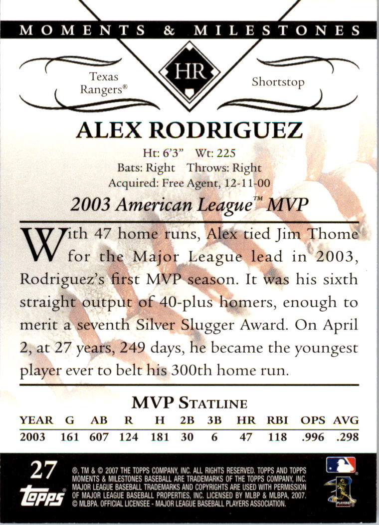 2007 Topps Moments and Milestones #27-21 Alex Rodriguez/HR 21 back image