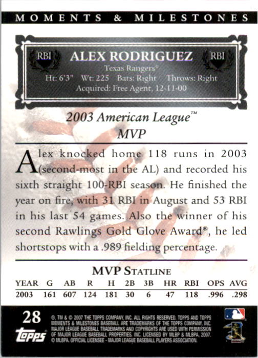 2007 Topps Moments and Milestones #28-13 Alex Rodriguez/RBI 13 back image