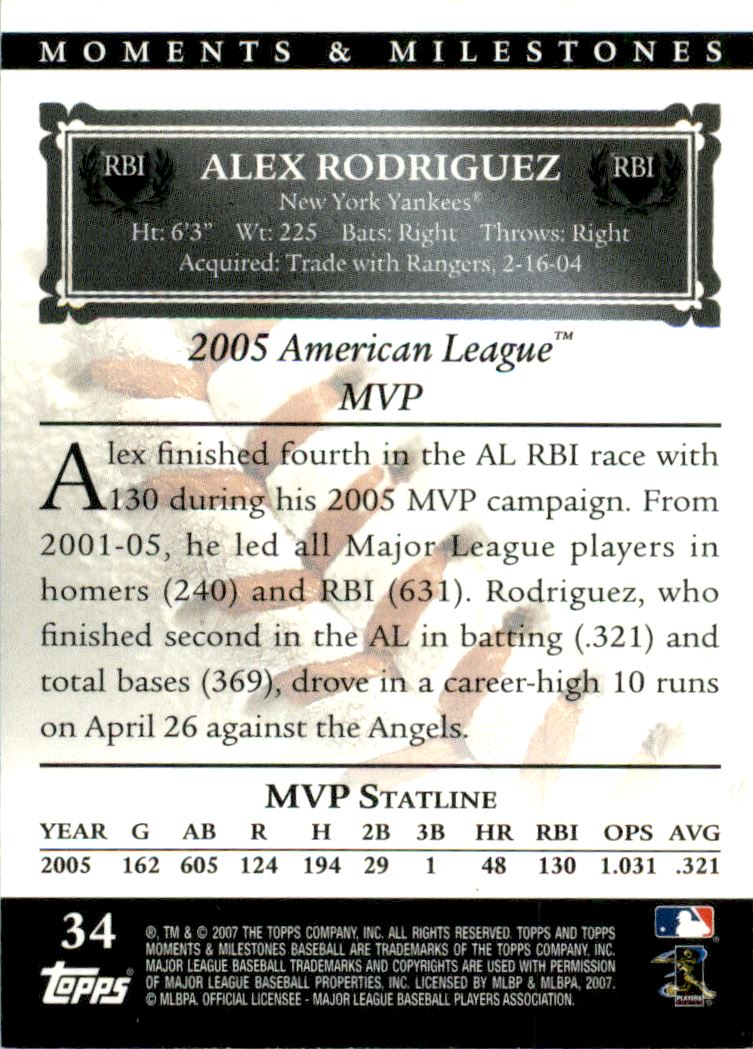 2007 Topps Moments and Milestones #34-7 Alex Rodriguez/RBI 7 back image