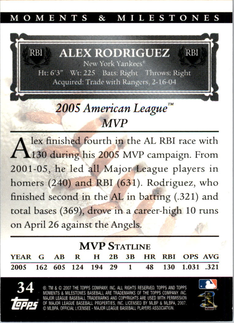 2007 Topps Moments and Milestones #34-18 Alex Rodriguez/RBI 18 back image