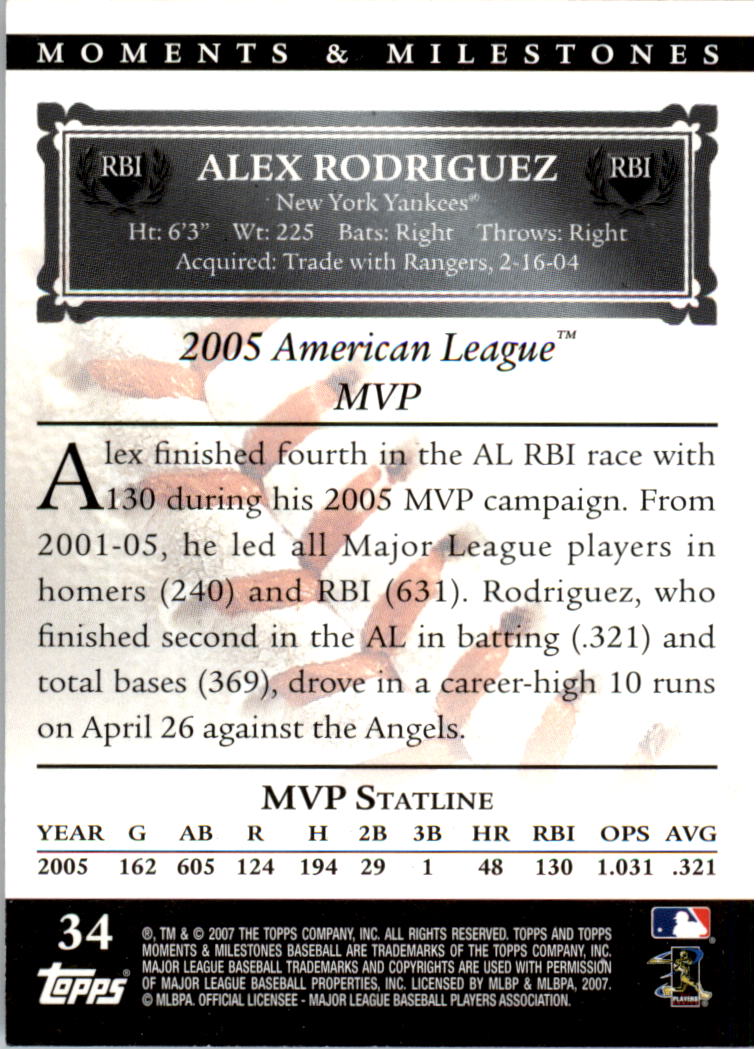 2007 Topps Moments and Milestones #34-29 Alex Rodriguez/RBI 29 back image