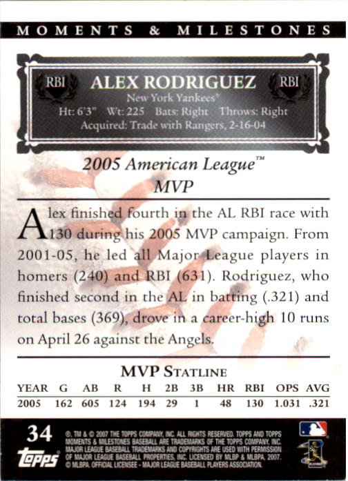 2007 Topps Moments and Milestones #34-80 Alex Rodriguez/RBI 80 back image