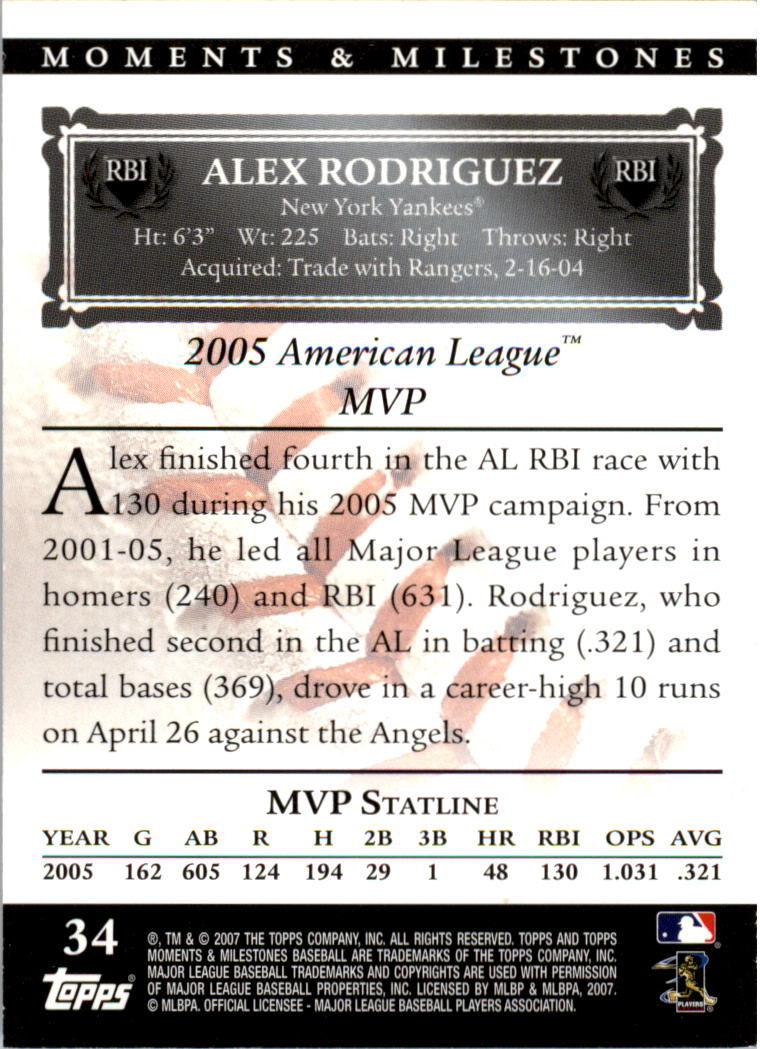2007 Topps Moments and Milestones #34-95 Alex Rodriguez/RBI 95 back image