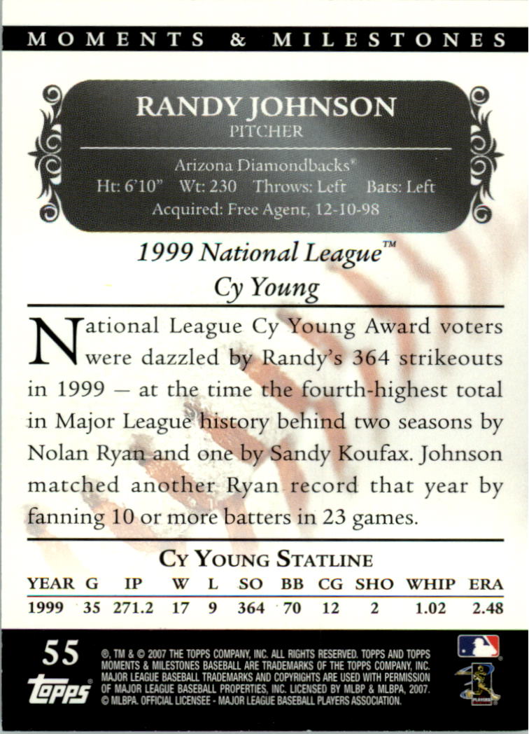 2007 Topps Moments and Milestones #55-121 Randy Johnson/SO 121 back image