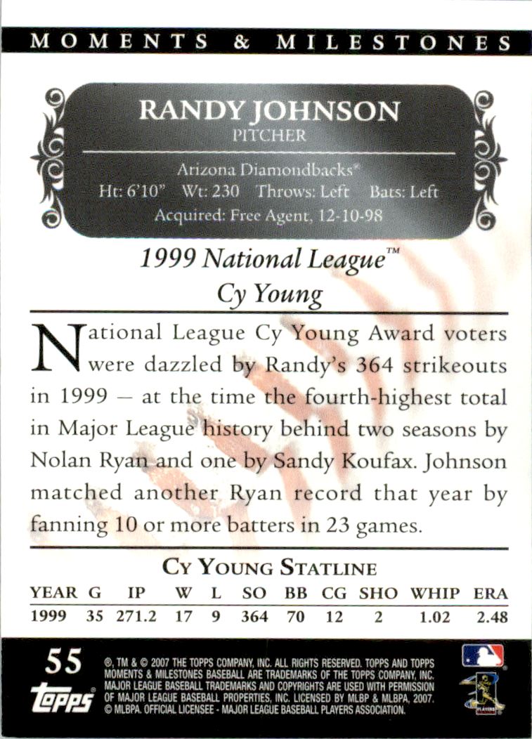 2007 Topps Moments and Milestones #55-174 Randy Johnson/SO 174 back image
