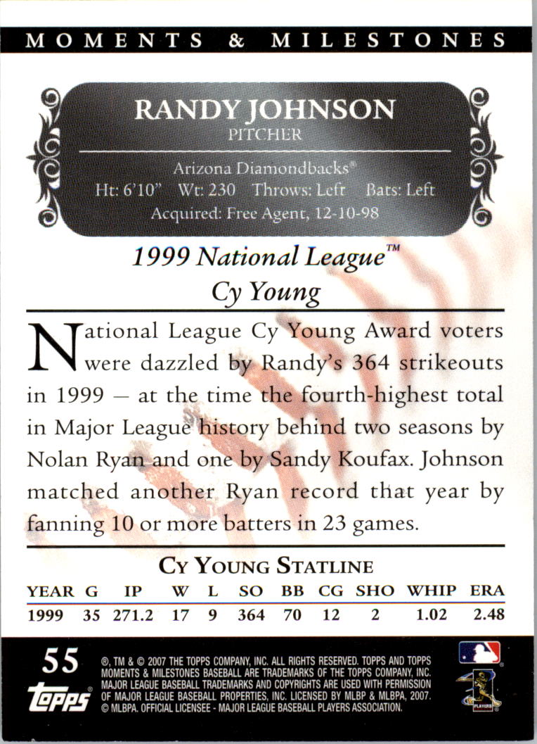 2007 Topps Moments and Milestones #55-238 Randy Johnson/SO 238 back image