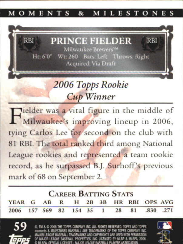 2007 Topps Moments and Milestones #59-29 Prince Fielder/RBI 29 back image