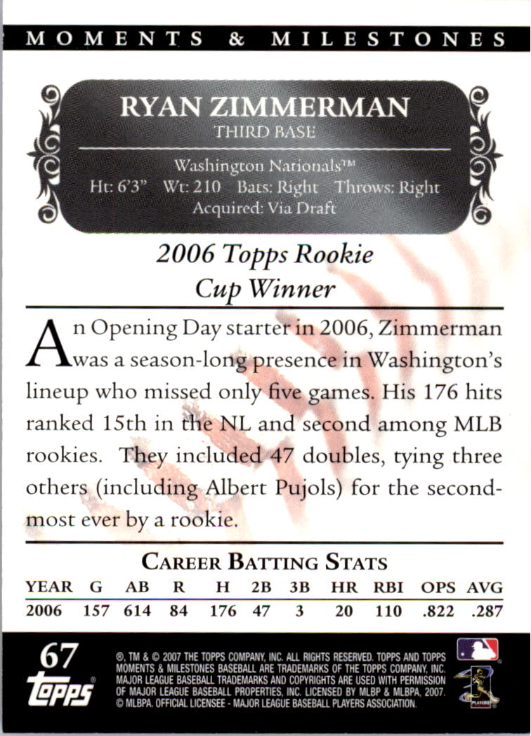 2007 Topps Moments and Milestones #67-145 Ryan Zimmerman/Hits 145 back image