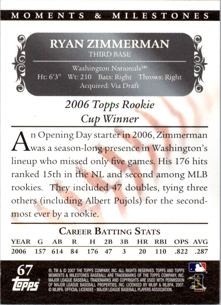 2007 Topps Moments and Milestones #67-164 Ryan Zimmerman/Hits 164 back image