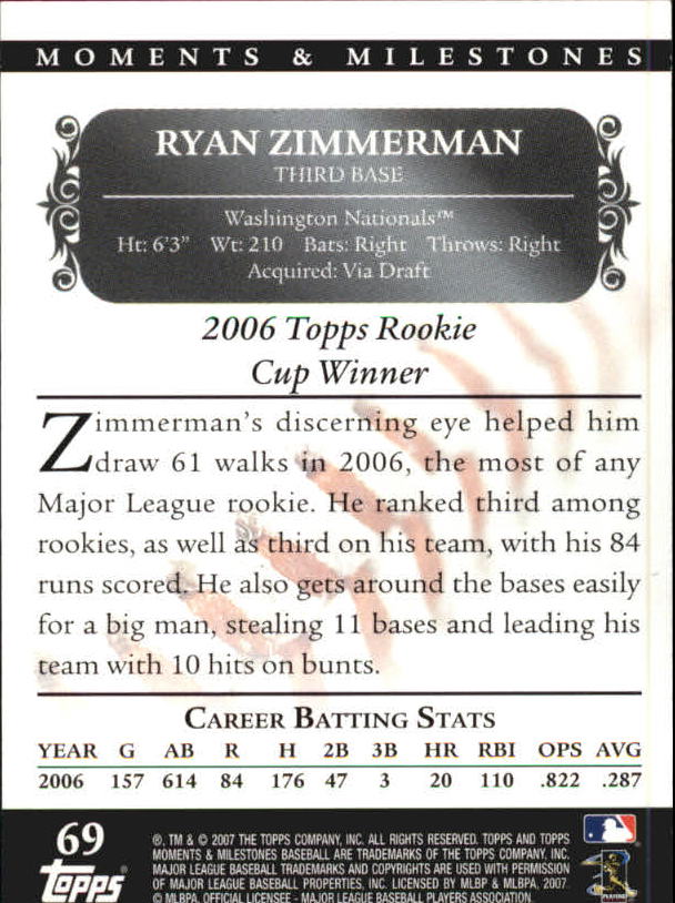 2007 Topps Moments and Milestones #69-11 Ryan Zimmerman/Runs 11 back image