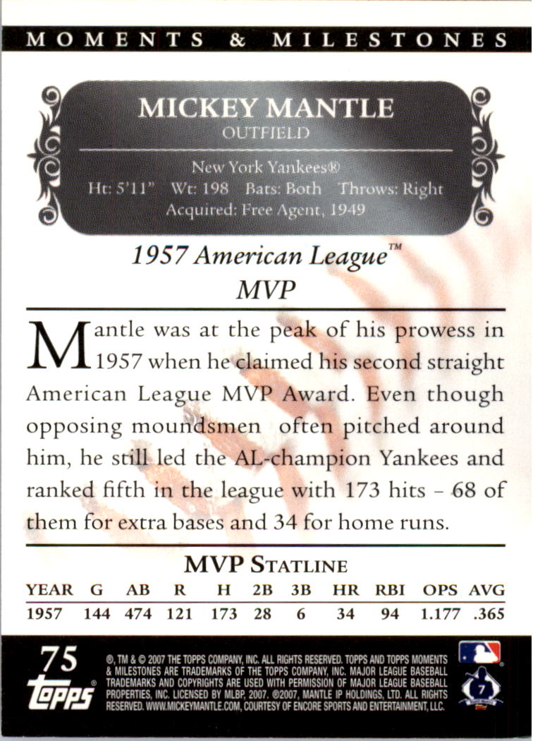 2007 Topps Moments and Milestones #75-168 Mickey Mantle/Hits 168 back image
