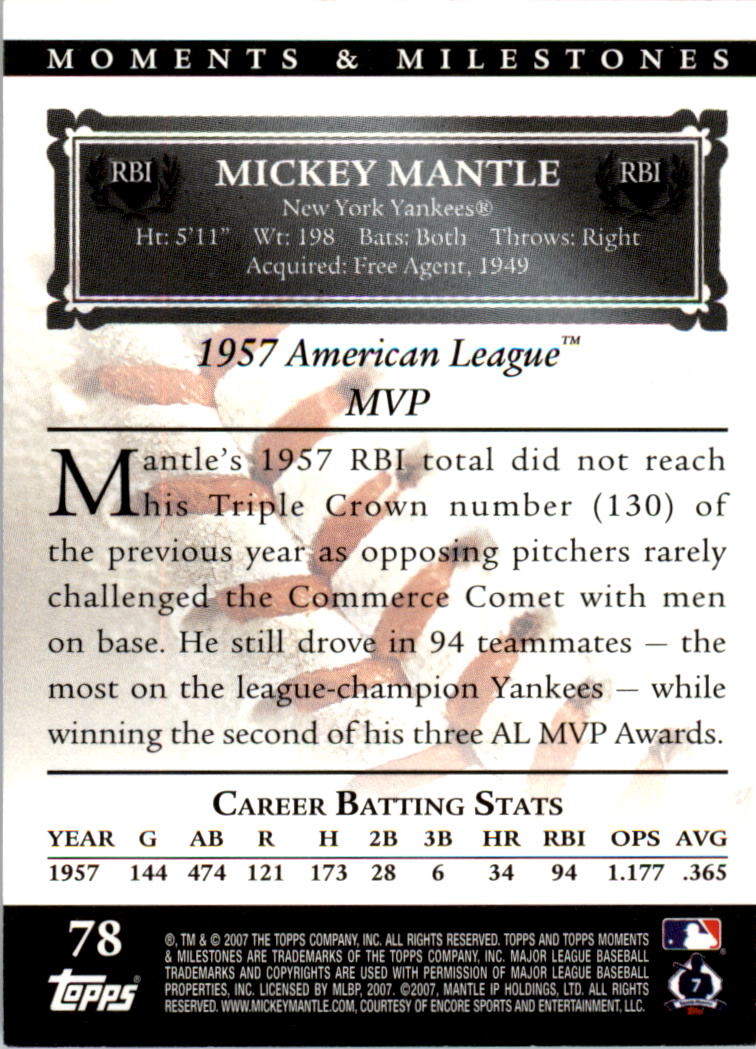 2007 Topps Moments and Milestones #78-73 Mickey Mantle/RBI 73 back image