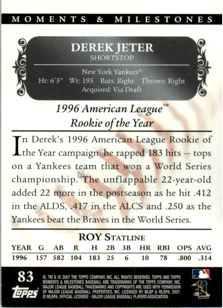 2007 Topps Moments and Milestones #83-106 Derek Jeter/Hits 106 back image