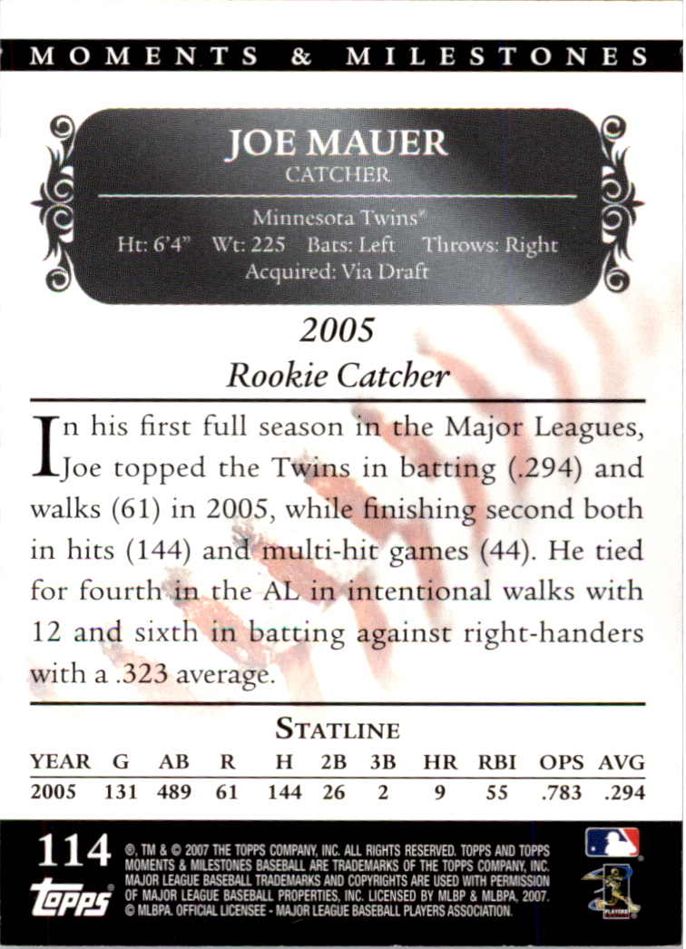 2007 Topps Moments and Milestones #114-97 Joe Mauer/Hits 97 back image