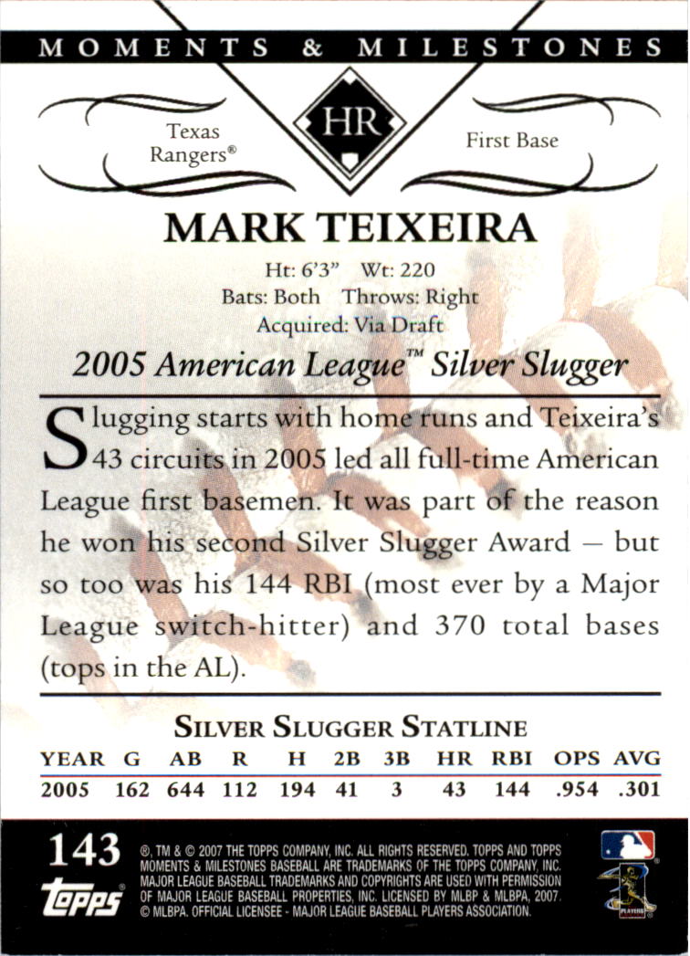 2007 Topps Moments and Milestones #143-10 Mark Teixeira/HR 10 back image