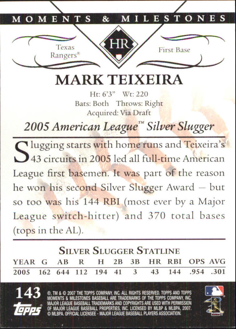 2007 Topps Moments and Milestones #143-14 Mark Teixeira/HR 14 back image