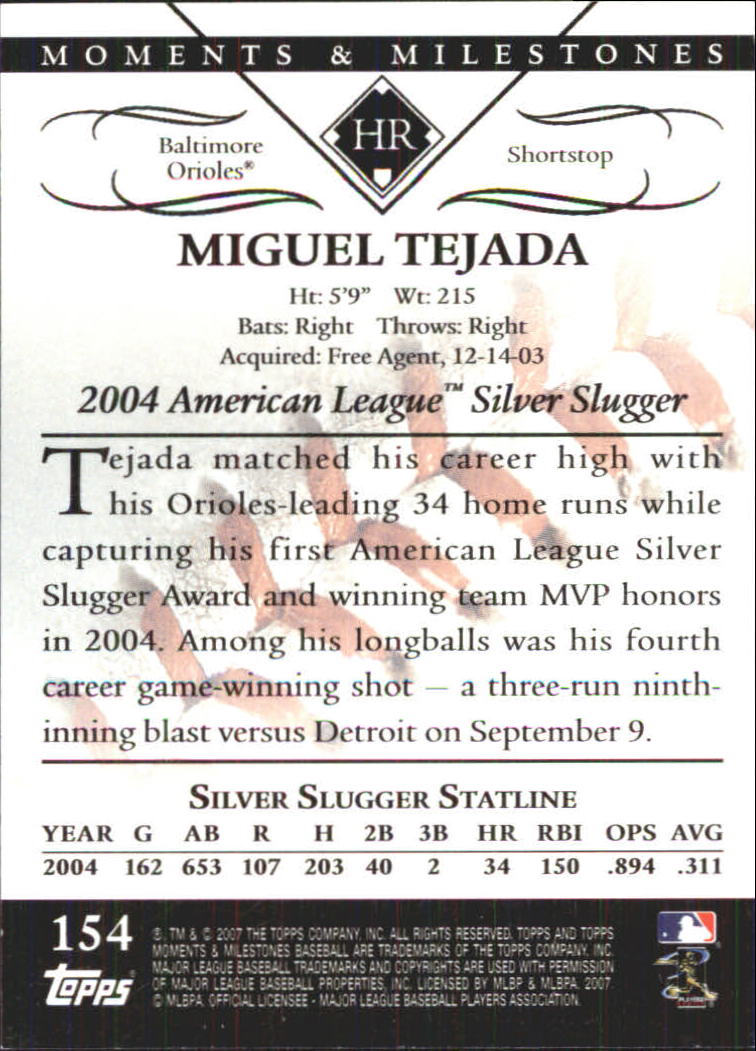 2007 Topps Moments and Milestones #154-10 Miguel Tejada/HR 10 back image