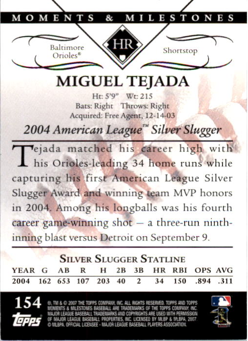 2007 Topps Moments and Milestones #154-15 Miguel Tejada/HR 15 back image