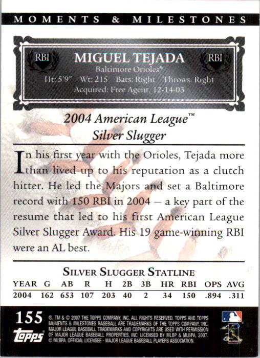 2007 Topps Moments and Milestones #155-17 Miguel Tejada/RBI 17 back image