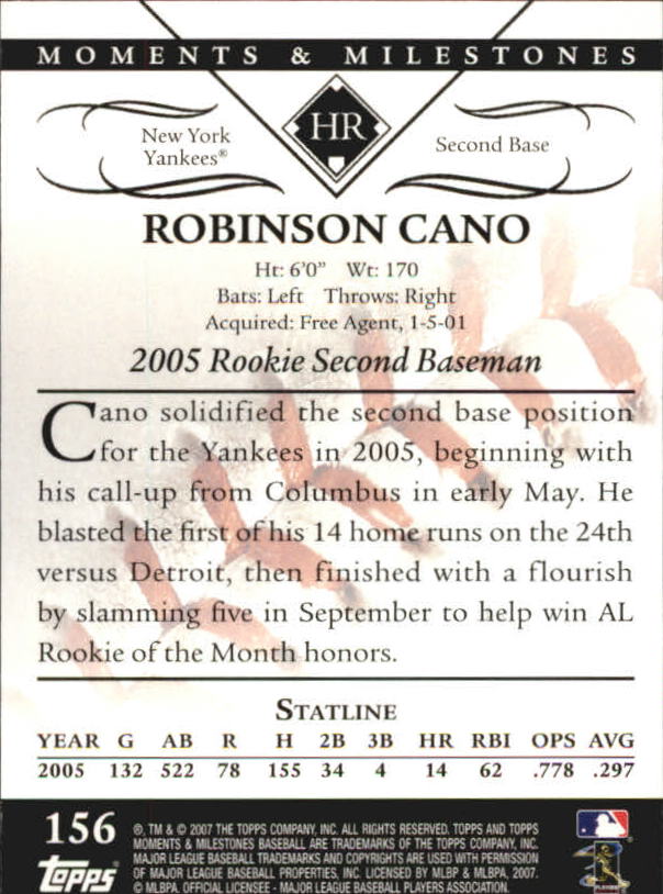 2007 Topps Moments and Milestones #156-4 Robinson Cano/HR 4 back image