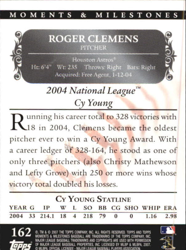 2007 Topps Moments and Milestones #162-132 Roger Clemens/SO 132 back image