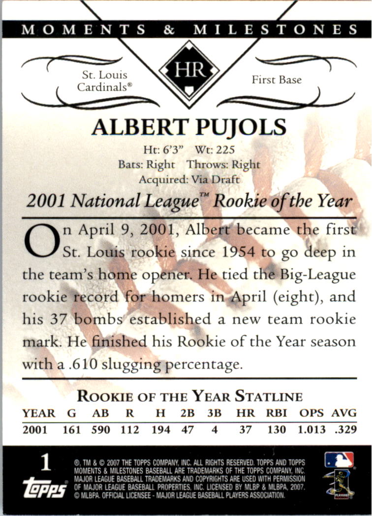 2007 Topps Moments and Milestones Black #1-10 Albert Pujols/HR 10 back image