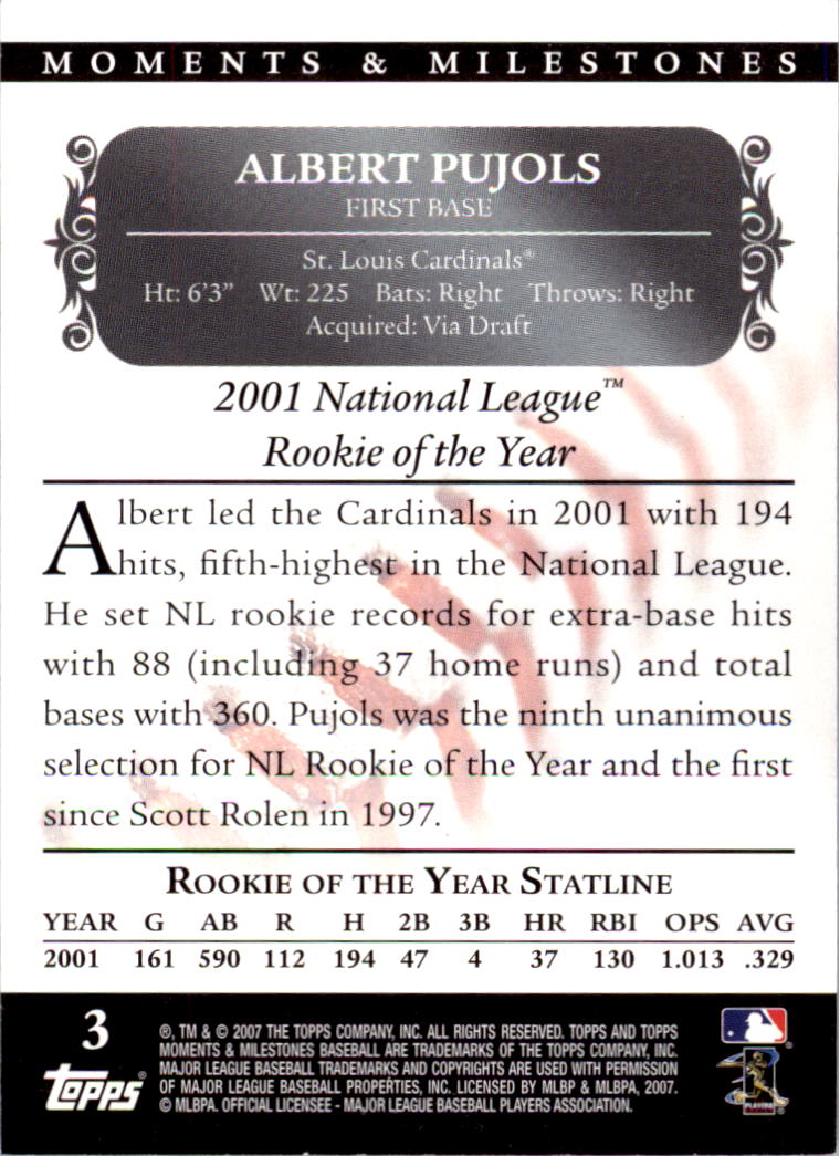 2007 Topps Moments and Milestones Black #3-186 Albert Pujols/Hit 186 back image