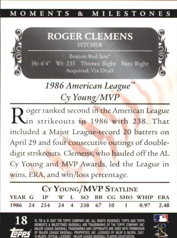 2007 Topps Moments and Milestones Black #18-208 Roger Clemens/SO 208 back image