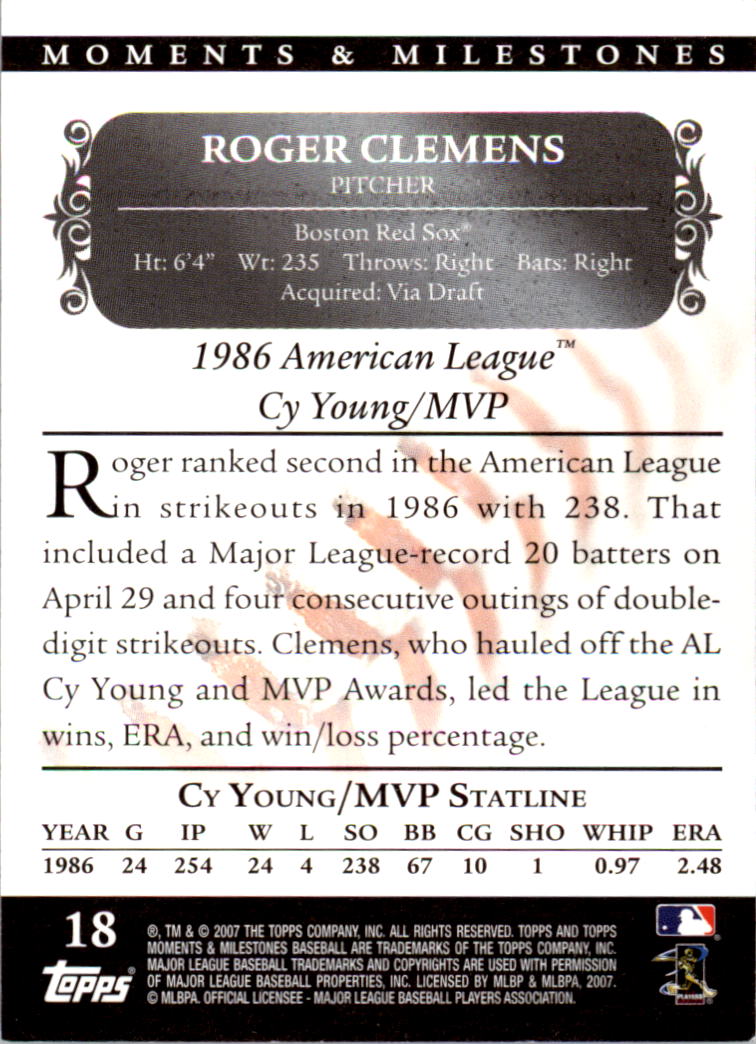 2007 Topps Moments and Milestones Black #18-214 Roger Clemens/SO 214 back image