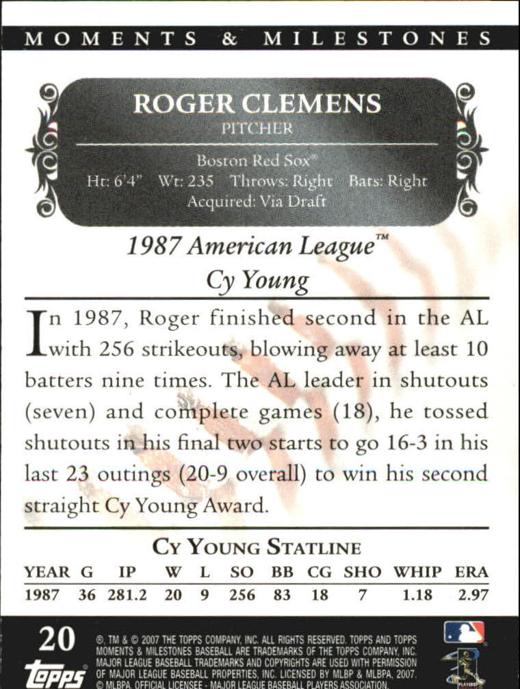 2007 Topps Moments and Milestones Black #20-17 Roger Clemens/SO 17 back image