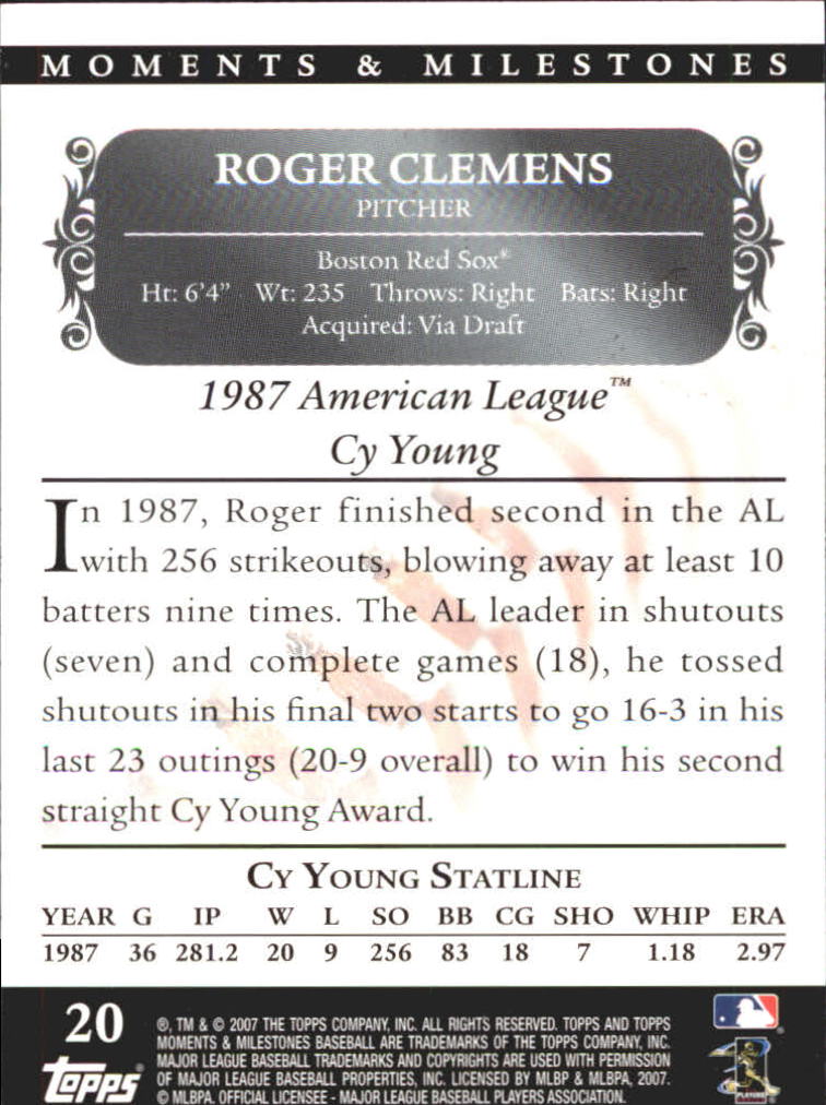 2007 Topps Moments and Milestones Black #20-93 Roger Clemens/SO 93 back image