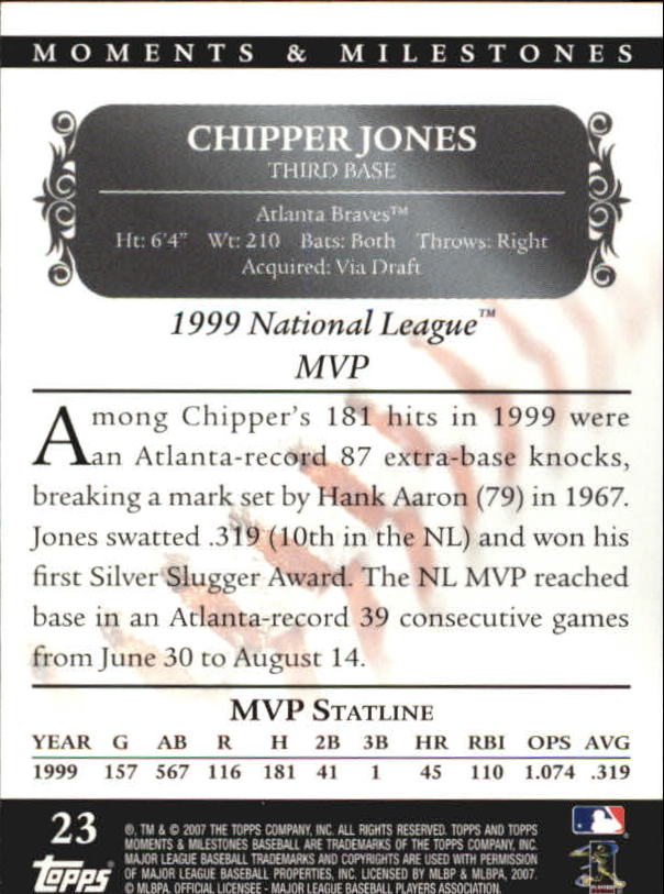 2007 Topps Moments and Milestones Black #23-109 Chipper Jones/Hits 109 back image