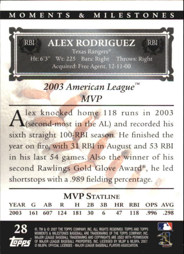 2007 Topps Moments and Milestones Black #28-54 Alex Rodriguez/RBI 54 back image