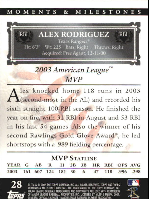 2007 Topps Moments and Milestones Black #28-92 Alex Rodriguez/RBI 92 back image