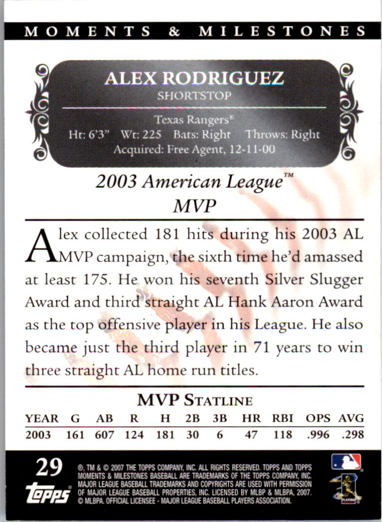 2007 Topps Moments and Milestones Black #29-50 Alex Rodriguez/Hits 50 back image
