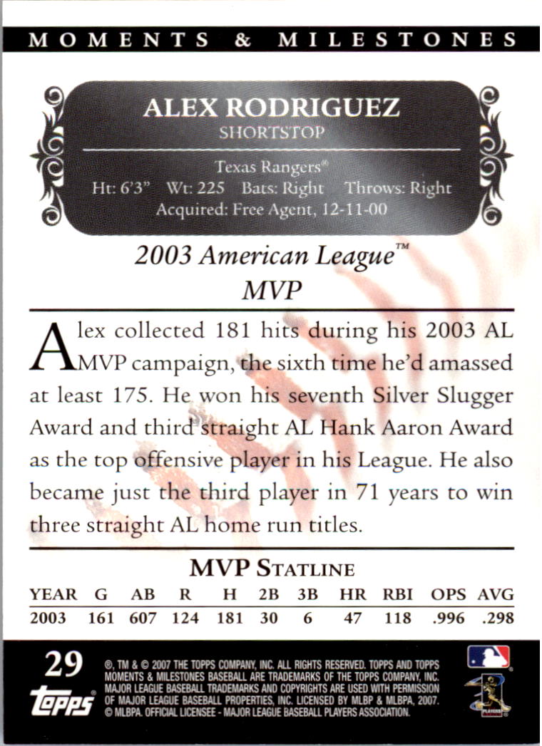 2007 Topps Moments and Milestones Black #29-161 Alex Rodriguez/Hits 161 back image