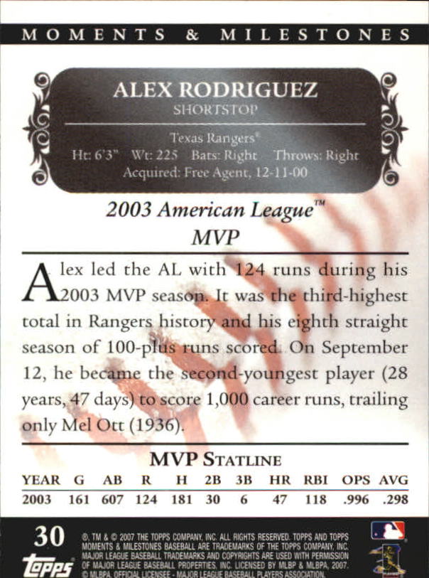 2007 Topps Moments and Milestones Black #30-102 Alex Rodriguez/Runs 102 back image