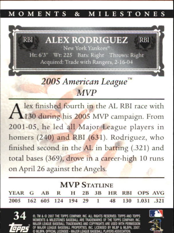 2007 Topps Moments and Milestones Black #34-26 Alex Rodriguez/RBI 26 back image