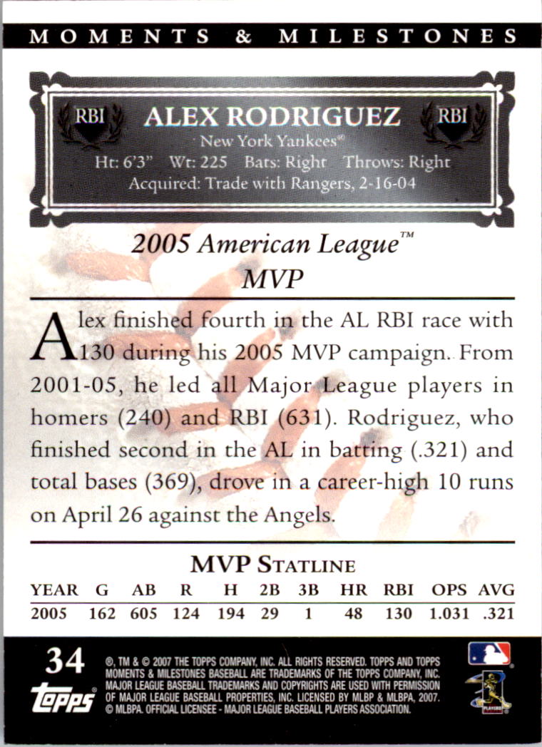 2007 Topps Moments and Milestones Black #34-28 Alex Rodriguez/RBI 28 back image