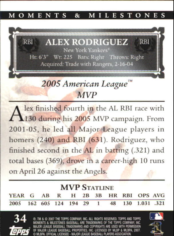 2007 Topps Moments and Milestones Black #34-60 Alex Rodriguez/RBI 60 back image