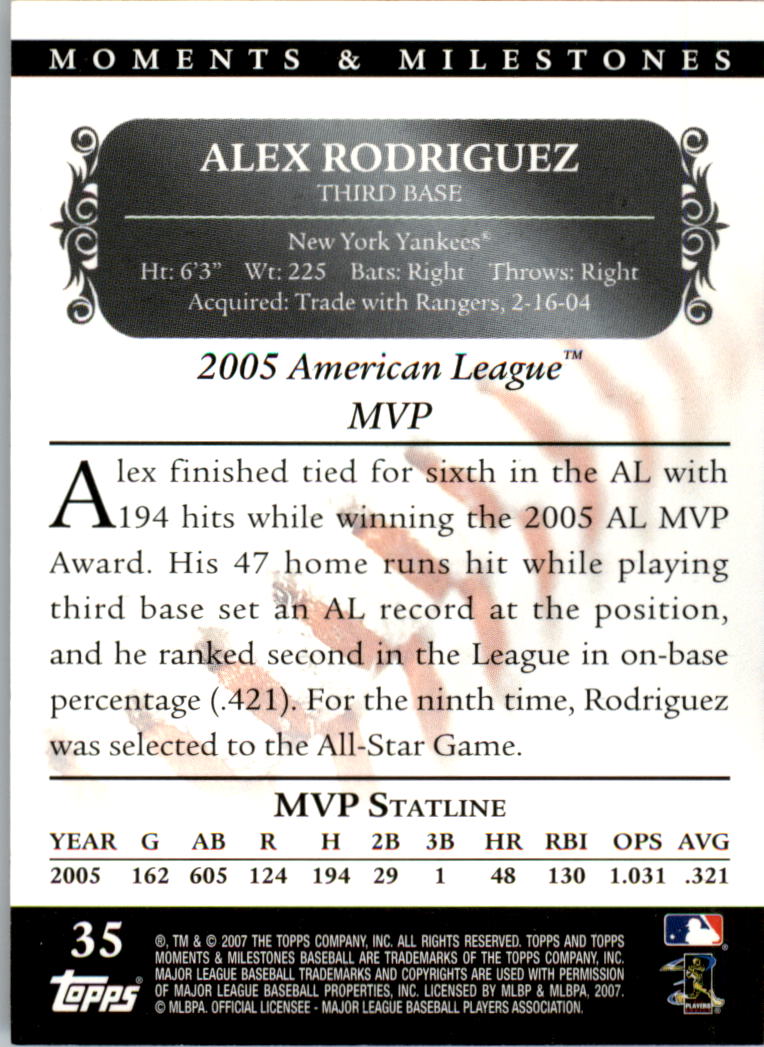 2007 Topps Moments and Milestones Black #35-138 Alex Rodriguez/Hits 138 back image