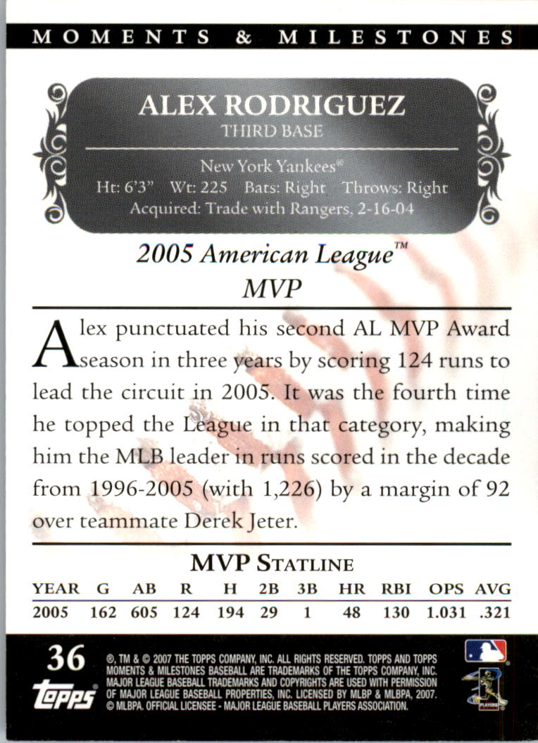 2007 Topps Moments and Milestones Black #36-117 Alex Rodriguez/Runs 117 back image