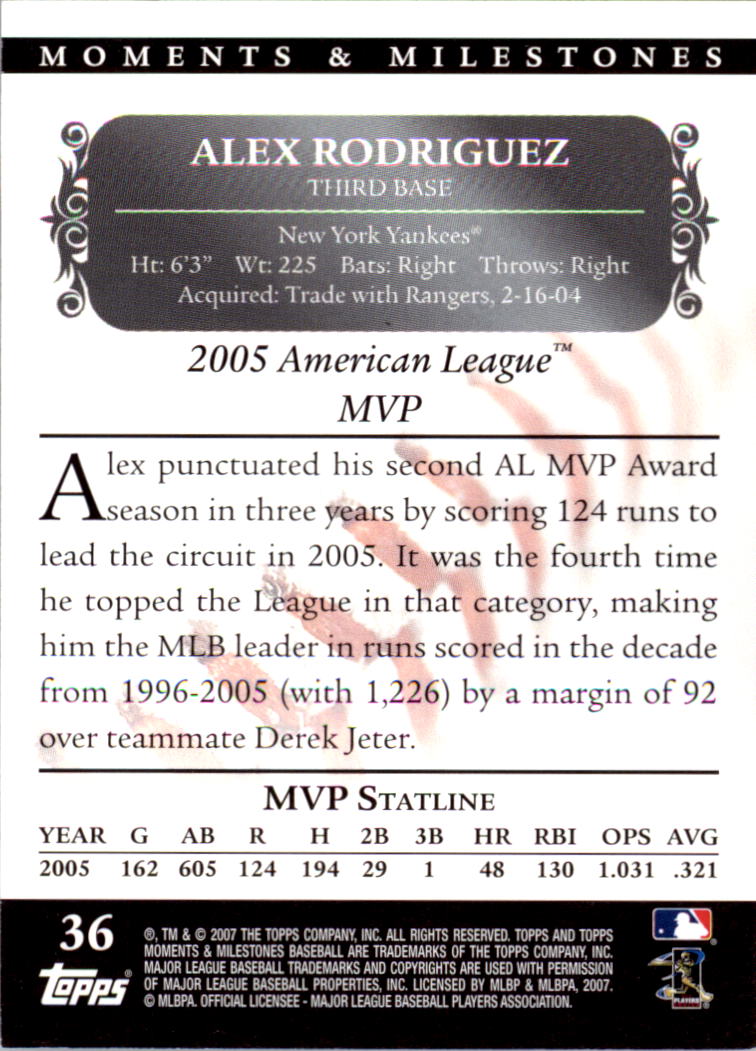 2007 Topps Moments and Milestones Black #36-120 Alex Rodriguez/Runs 120 back image