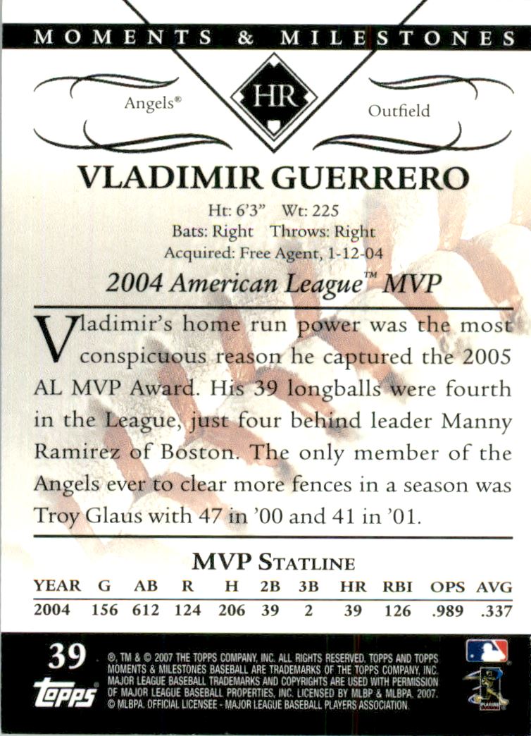 2007 Topps Moments and Milestones Black #39-14 Vladimir Guerrero/HR 14 back image