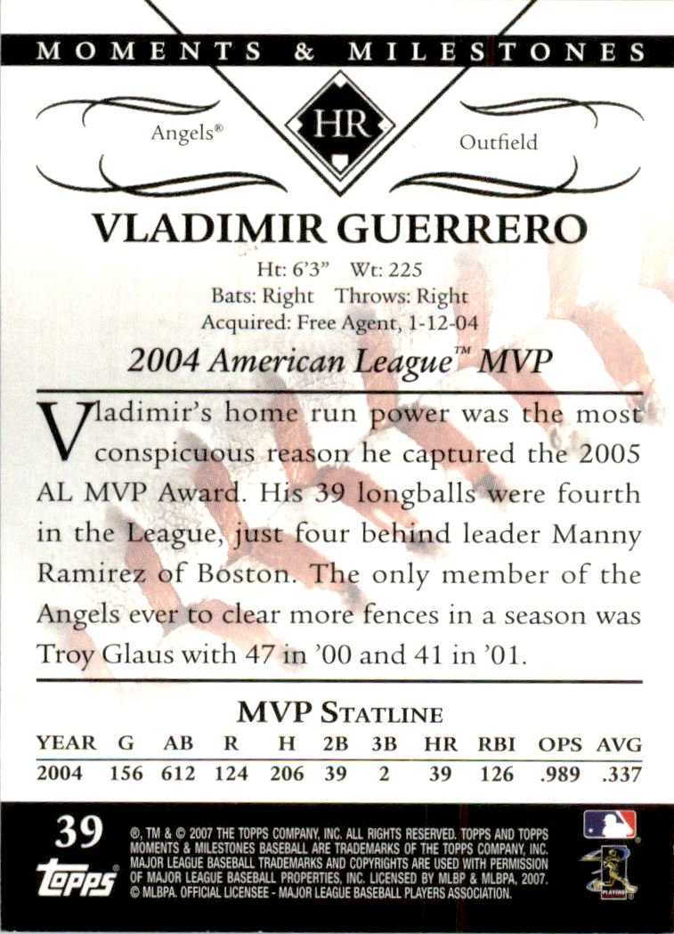 2007 Topps Moments and Milestones Black #39-38 Vladimir Guerrero/HR 38 back image