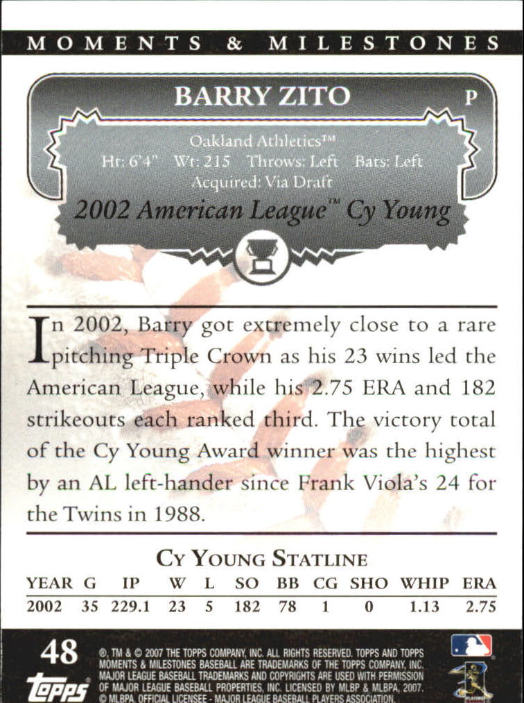 2007 Topps Moments and Milestones Black #48-3 Barry Zito/Wins 3 back image