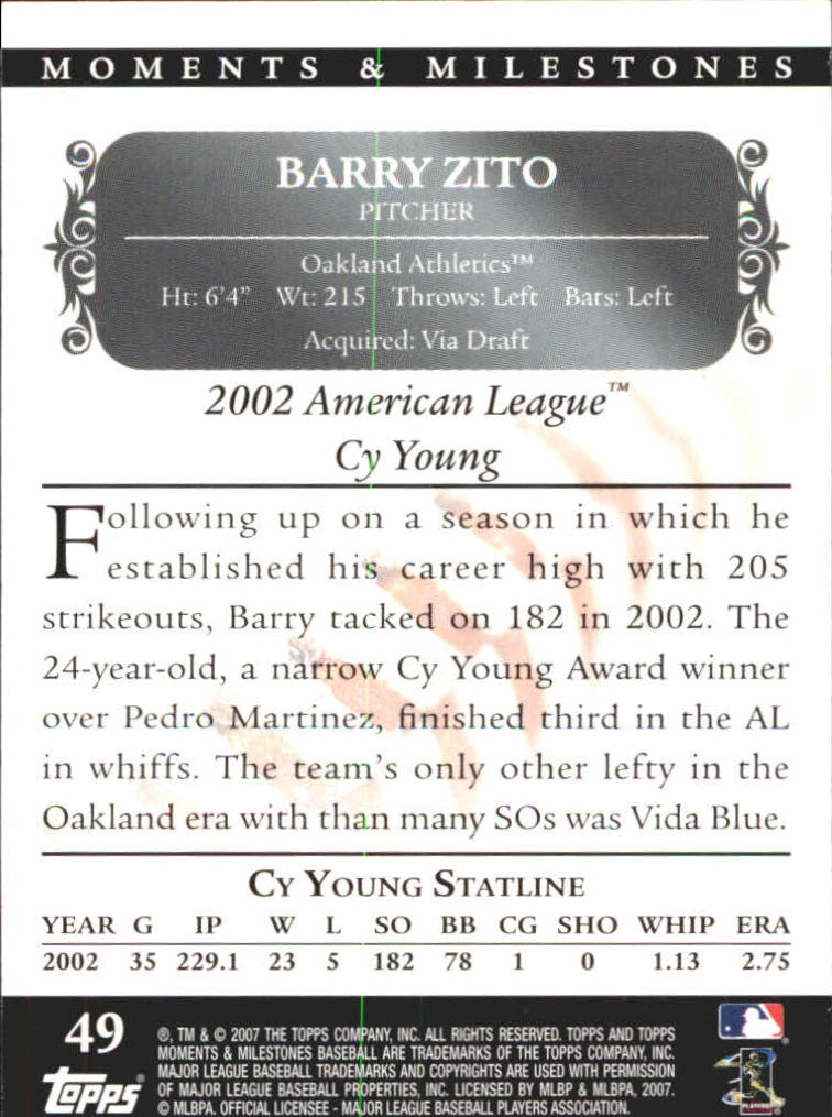 2007 Topps Moments and Milestones Black #49-15 Barry Zito/SO 15 back image