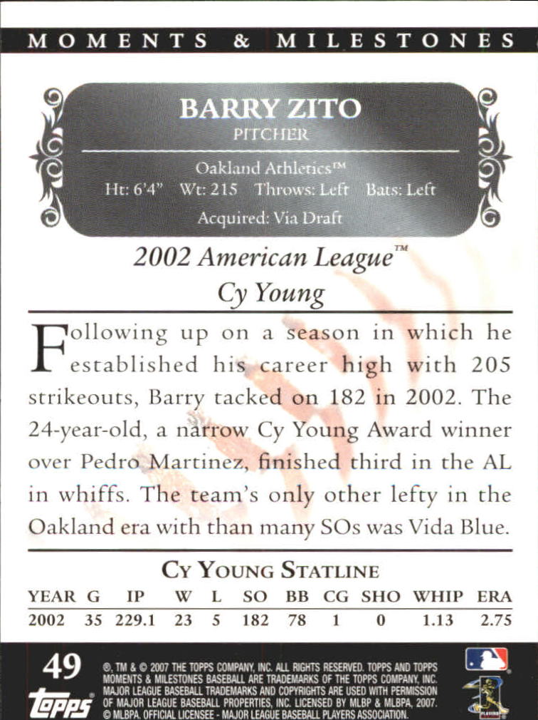 2007 Topps Moments and Milestones Black #49-58 Barry Zito/SO 58 back image