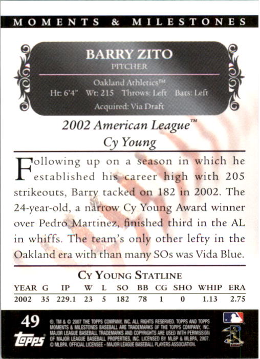 2007 Topps Moments and Milestones Black #49-61 Barry Zito/SO 61 back image