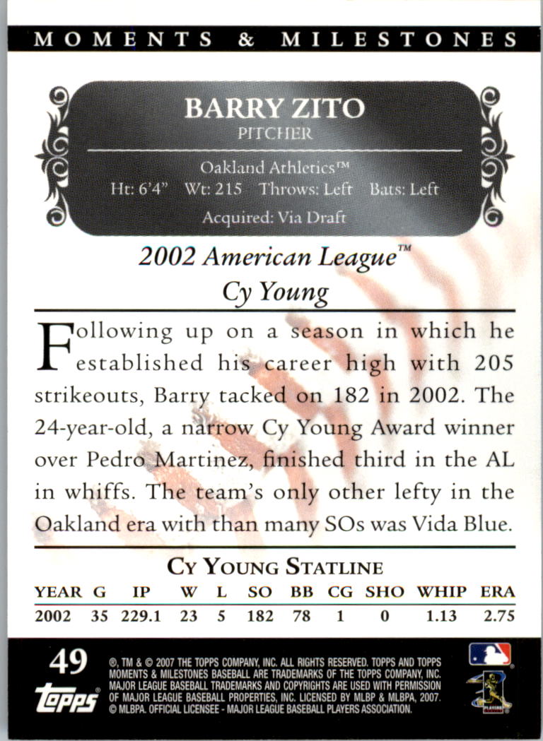 2007 Topps Moments and Milestones Black #49-147 Barry Zito/SO 147 back image